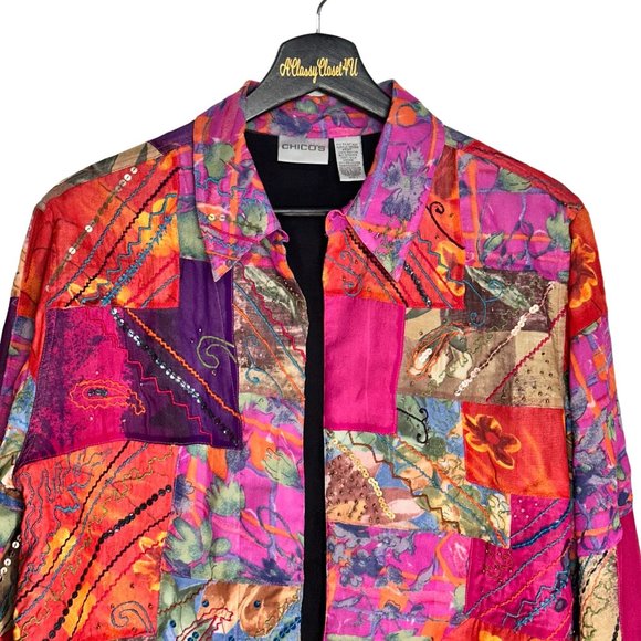 Chico's Pink Purple Patchwork Sequin Beads Embroidered Silk Blend Jacket M - Picture 5 of 11